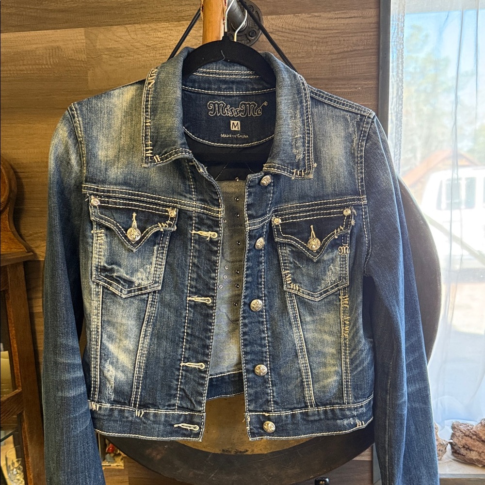 Miss Me Blue Denim Jacket with Embellished Pockets